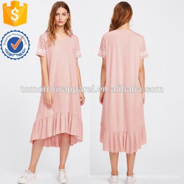 Gestreifte Ärmel Volant Hem Heathered Tee Kleid Herstellung Großhandel Mode Frauen Bekleidung (TA3210D)